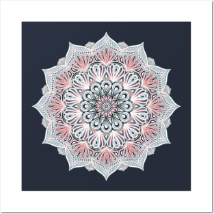 Expansion - boho mandala in soft salmon pink & blue Posters and Art